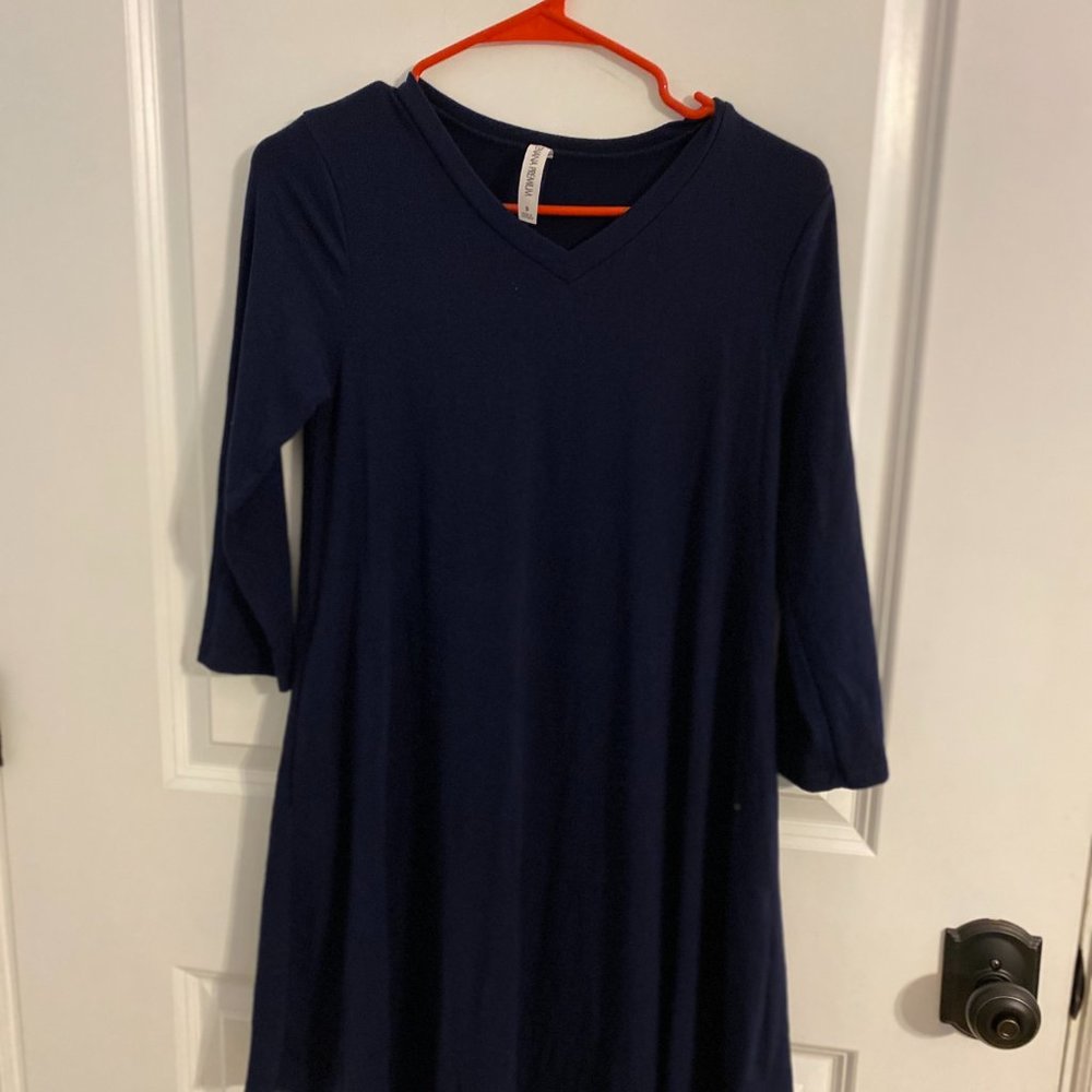 Navy Dress with 3/4 Sleeve Zenana Premium